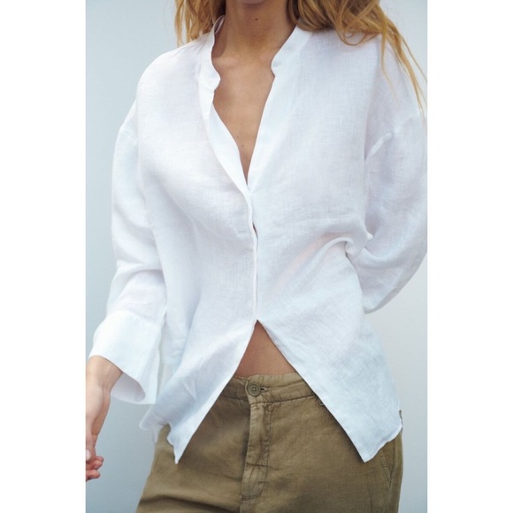 Zara Tops - ZARA Round Collar Linen Button V Neck Shirt Long Cuff Sleeves Side Slits White L